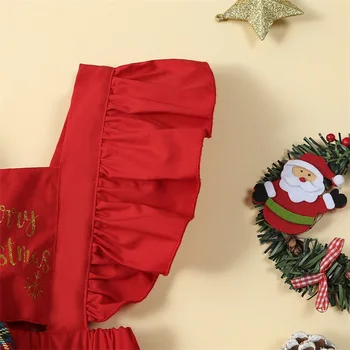 Рождественский наряд для новорожденной девочки с рюшами, без рукавов, с буквенным принтом, комбинезон на подтяжках, повязка на голову, 2 шт. Комплект