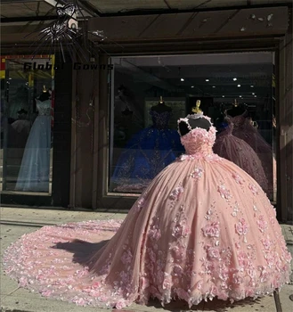 Розовое бальное платье в виде сердца, пышные платья, бусины, 3D цветы, Длинное платье для выпускного вечера, Праздничное платье на день рождения, 15 лет, на шнуровке