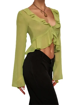 Женский кардиган из прозрачной ткани с длинным рукавом и застежкой на пуговицы, однотонная футболка, Летняя осенняя верхняя одежда, топы