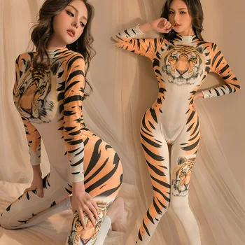 Костюмы для косплея Kawaii Anime Tiger с открытой промежностью, сексуальное женское белье, милая пижама, пижама без промежности, одежда для ролевой порнографии