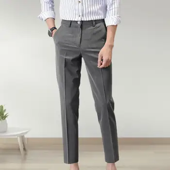 Популярные мужские костюмные брюки, Однотонные Классические дышащие брюки на молнии с прямым рисунком