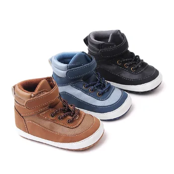 Высокие кроссовки на щиколотке для малышей, кожаная противоскользящая спортивная обувь контрастного цвета на мягкой подошве для новорожденных, обувь для первых ходунков