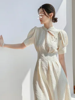Летнее улучшенное белое женское платье Чонсам в стиле ретро, французский стиль, темперамент, повседневная офисная юбка средней длины для леди