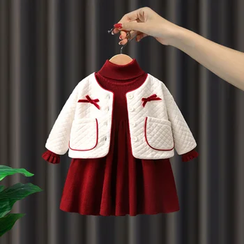 Костюм для девочек, осенне-зимние детские модные костюмы для Рождественской вечеринки, детский вязаный свитер, Красное платье + куртка, комплекты из 2 предметов