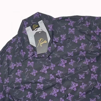 23SS New Fasion Иглы Повторяющийся Логотип Рубашки Мужчины Женщины Полностью Фиолетовые Бабочки Иглы Рубашки Гавайская Уличная Одежда С Коротким Рукавом