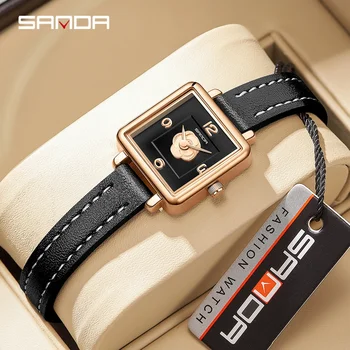 Sanda 1131 Красивый дизайн Модный черный квадратный циферблат Водостойкий кварцевый механизм Деловые женские Элегантные аналоговые наручные часы