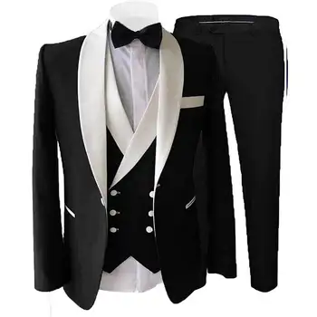 Черный мужской костюм Lansboter из 3 предметов с приталенным белым отворотом, подходящий для деловых свадеб, банкетных комплектов, куртки, жилета и брюк