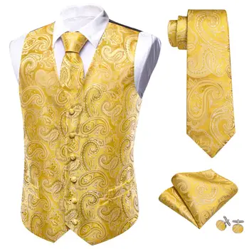 Элегантный мужской жилет из шелка Желтого золота с Пейсли, Свадебный строгий костюм, платье, жилет с галстуком, комплект без рукавов, мужской жилет в стиле стимпанк Barry Wang