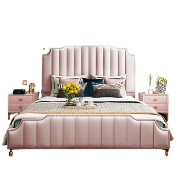 Светло-роскошный розовый европейский постельный гарнитур, американская кровать принцессы из массива дерева для девочек, кровать-замок