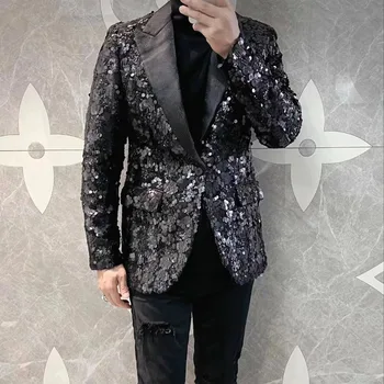 Высококачественный черный двухслойный костюм с блестками для тяжелой промышленности, пиджак для мужчин, пальто для мастеров ночного клуба, мужская одежда для выступлений на клубной сцене.