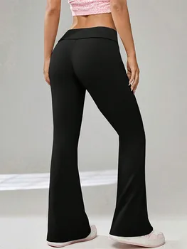Женские расклешенные брюки для йоги, повседневные однотонные брюки-клеш с эластичной резинкой на талии, облегающие брюки для уличной одежды
