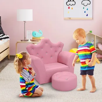 Детский диван, мягкий детский диван с пуфиком, отделанный бриллиантами, розовый