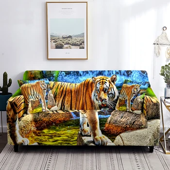 Чехол для дивана с изображением диких животных, 3D Тигр, стоящий на камне, Нескользящий чехол для дивана, Моющаяся защита мебели от пятен от пыли
