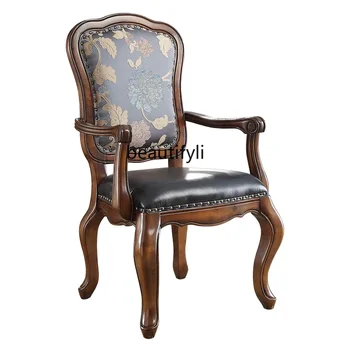 Европейский стул, тканевый Кожаный обеденный стул в стиле ретро со спинкой из массива дерева, бытовой компьютерный стул с мягкой сумкой