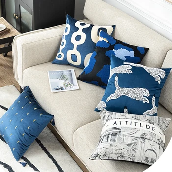 Темно-синий Светлый роскошный чехол для подушки, Бархатная наволочка с вышивкой в стиле Пэчворк, Модная Декоративная наволочка для гостиной, спальни