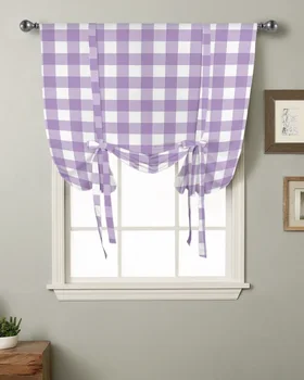 Фиолетово-белая клетчатая Кухня, короткий карниз для штор, карманные шторы, домашний декор, Спальня, Маленькое окно, Римские занавески на завязках