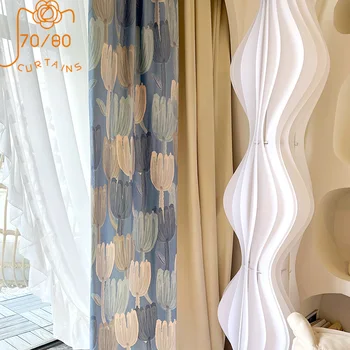 Бархатные шторы с принтом французских кремовых тюльпанов и заплатками для гостиной, спальни, балкона, эркера, французского окна по индивидуальному заказу