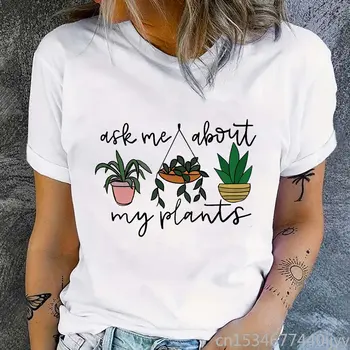 Спросите меня о Моих Растениях, Милая футболка с коротким рукавом, Женская Повседневная футболка Harajuku Ullzang, Модная Футболка, Женская