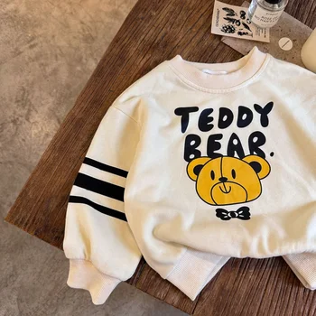Детский свитер 2023 Осень, новая толстовка с мультяшным медведем для мальчиков и девочек, модный пуловер с круглым вырезом для малышей