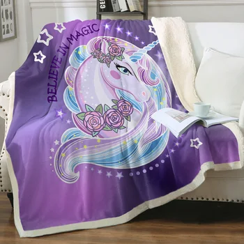 Фиолетовое покрывало с единорогом, набивное одеяло, Супер Мягкое шерп-одеяло для дивана-кровати