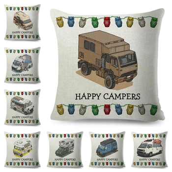 Happy Camper Van Life Мультяшный домик, наволочка, чехол для подушки, Домашняя гостиная, Декоративные подушки для дивана-кровати, автомобиль 45 * 45