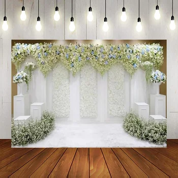 Романтический свадебный фон, Бело-зеленый цветочный фон для фотосъемки на стене, День Святого Валентина, свадебный душ, баннер для вечеринки
