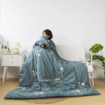 Многофункциональное ленивое одеяло с рукавами, Зимнее теплое утолщенное выстиранное одеяло, покрывающее мантию для общежития, Пригодные для носки стеганые одеяла