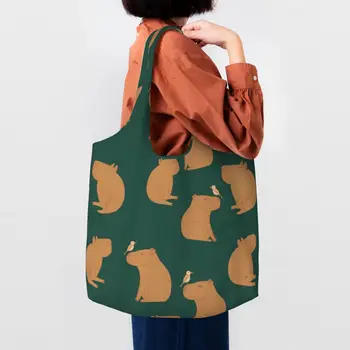 Многоразовая хозяйственная сумка с рисунком капибары в стиле Doodle, женская холщовая сумка через плечо, портативные продуктовые сумки для покупок, сумки