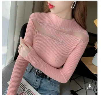 Сексуальный трикотаж со стразами женский зимний розовый свитер slimbody пуловеры топ
