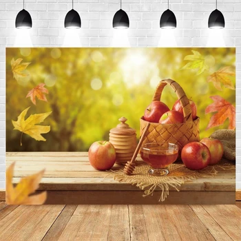 Фон для фотосъемки еврейского Нового года Рош Ха-Шана Виниловый Гранатовый Шофар, Мед, Осенние листья