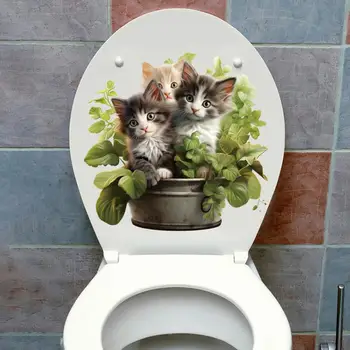 Наклейка на туалет Элегантная наклейка на крышку унитаза с рисунком зеленого растения и кошки Очаровательная наклейка на стену для украшения ванной комнаты дома с печатью