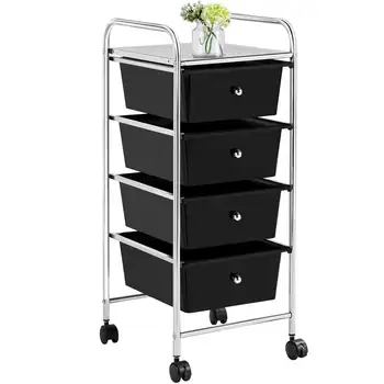Тележка на колесиках Easyfashion Корзина для хранения с 4 пластиковыми ящиками на колесиках, черный картотечный шкаф