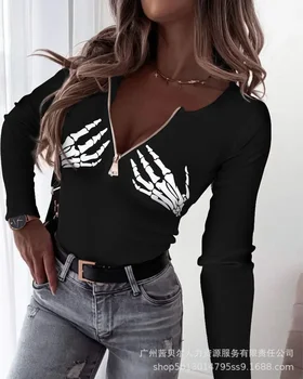 Женские футболки 2023 с принтом Хэллоуина в полоску с длинными рукавами для женщин