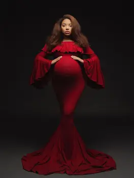 Красное платье русалки для фотосессии беременных, женское платье с открытыми плечами и оборками, макси-платье с длинным рукавом, реквизит для фотосессии