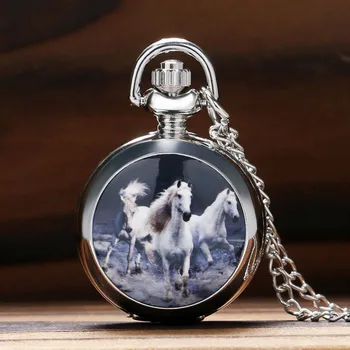 Винтажное ожерелье с рисунком серебряной лошади, кварцевые карманные часы, подарочные часы для Mlae Female Kids Relogio Saati
