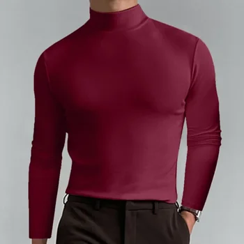 Мужской Приталенный трикотажный пуловер с высоким воротом, водолазка, топы, рубашка, новая модная базовая футболка