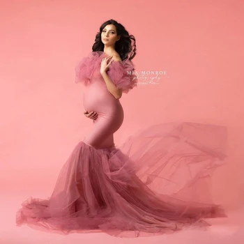 Элегантное эластичное платье для беременных Русалка Тюль Розовая Фотография с открытыми плечами Эластичные платья для беременных Женские для душа ребенка