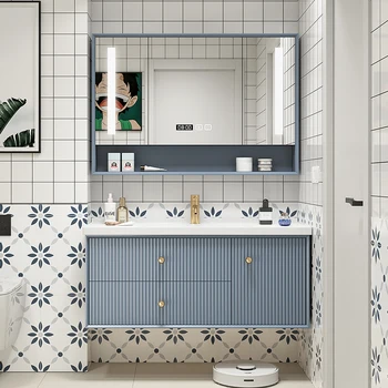 Шкаф для ванной комнаты, керамическая встроенная раковина, массив дерева, современный простой умывальник для ванной комнаты, комбинация умывальника и шкафа для ванной комнаты