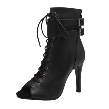 Женские черные сапоги на высоком каблуке с мягкой шнуровкой, туфли на шпильке для джазовых танцев, женская обувь на скользкой подошве, настраиваемая для латиноамериканских танцев