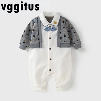 Новый демисезонный комбинезон для маленьких мальчиков с длинными рукавами и отложным воротником, имитирующий двойку, Комбинезон Gengleman, Одежда для младенцев E23325