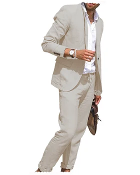 Льняной мужской костюм, 2 предмета, приталенный Повседневный Летний смокинг жениха для свадьбы, жакет, брюки, классический мужской костюм (блейзер + брюки)