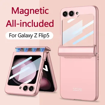 Жесткий чехол для ПК с Магнитным Шарниром Для Samsung Galaxy Z Flip 5 5G Стекло Заднего Экрана Матовый Защитный Чехол Для Galaxy Z Flip5 Case
