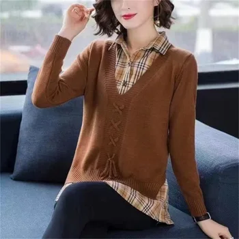 Поддельные трикотажные свитера-рубашки из двух частей для женщин, осенний дизайн, модная милая тонкая верхняя одежда, свитера, пуловеры, джемперы