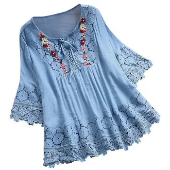Женская блузка с длинным рукавом, однотонная кружевная рубашка в стиле пэчворк, повседневная женская туника с круглым вырезом, хлопковые льняные женские топы и блузки