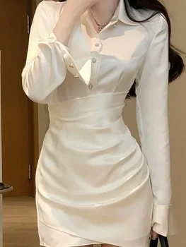 2024 Корейское Белое платье-рубашка Женское Облегающее платье с запахом, Тонкие Мини-короткие платья, осень-весна, Облегающие Однотонные платья-карандаш