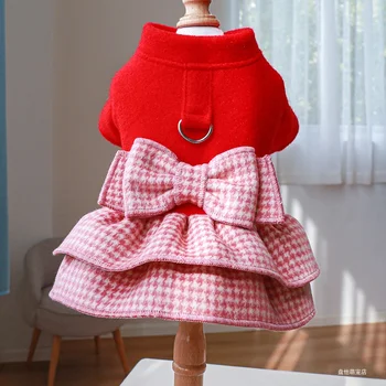 1 шт. одежда для домашних животных Кошка Осень Зима утолщенное теплое красное платье принцессы с пряжкой для ремня, подходящее для собак маленького и среднего размера