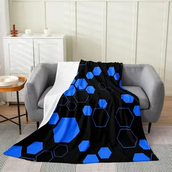 Покрывало из фланели с начесом в виде пчелиных сот, Шестиугольное синее пушистое одеяло для дивана-кушетки, Всесезонная геометрическая кровать