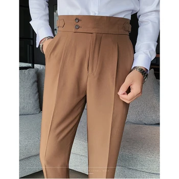 Модные новые мужские официальные брюки, шикарные коричневые однотонные брюки, приталенный крой, повседневные деловые брюки для мужчин высокого класса