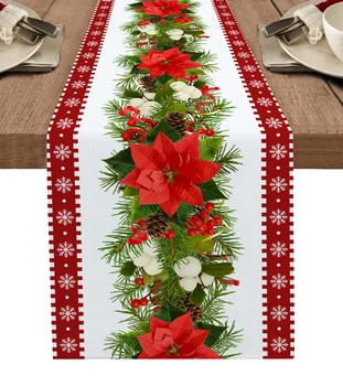 Рождественский цветок, Снежинка, Сосновая ягода, Настольная дорожка, Рождественский Льняной флаг для стола, украшения для дома, подарки Navidad Noel, Скатерть
