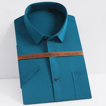 Мужские повседневные стрейчевые рубашки с коротким рукавом, с одним накладным карманом, стандартная деловая рубашка для работы в офисе, однотонная базовая рубашка